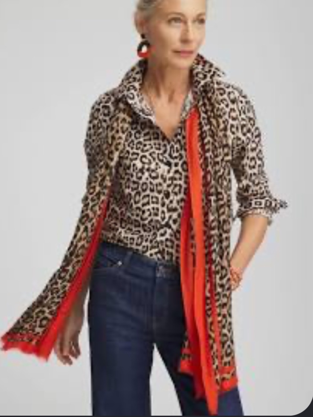 Chico’s Oblong Leopard Print Scarf with Red/Orange Trim - Women Accessories